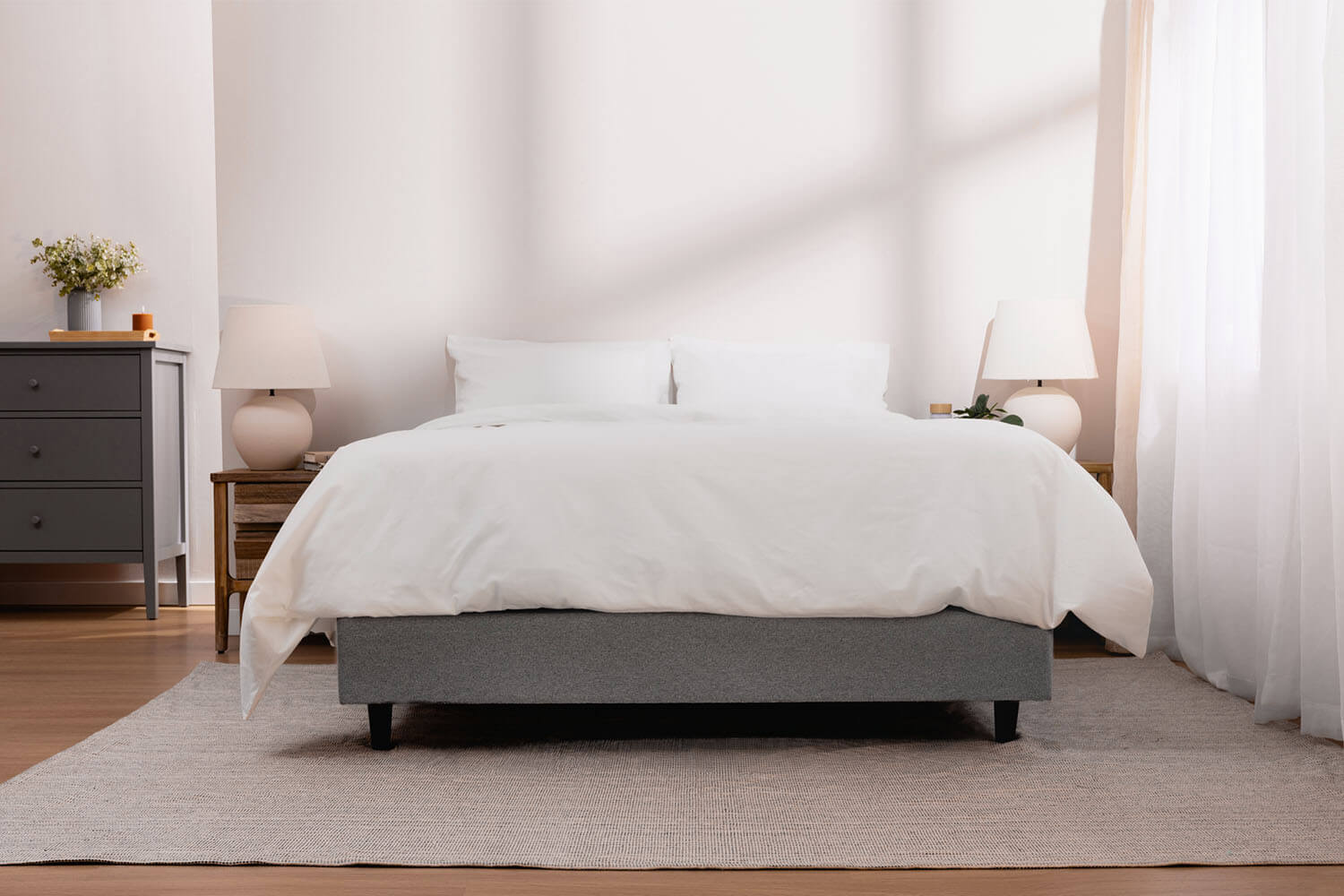 Mattress with full bedding on the Platform Bed, in a cozy and modern bedroom.