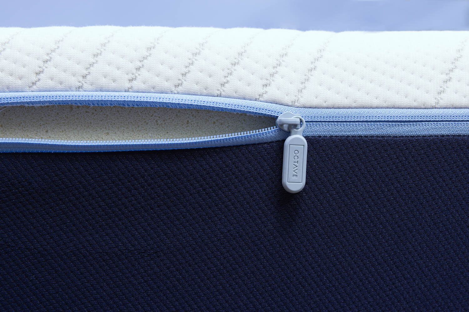 Closeup of top cover and zipper on Octave Vista mattress